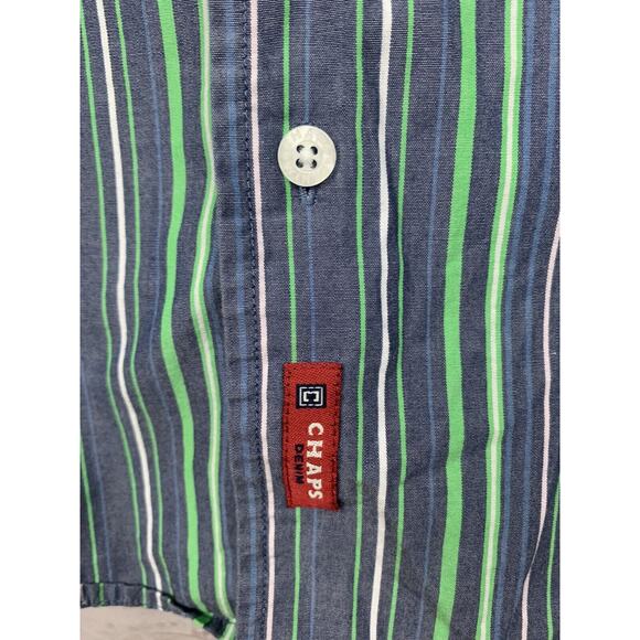 Chaps Denim Shirt Mens XL Button Up Athletic Fit striped Green Blue Pocket - Picture 4 of 6